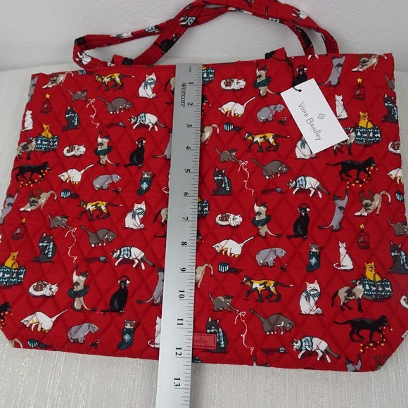 Vera Bradley Tote Holiday Cats Factory Style Essential Red Signature Cotton New - Picture 9 of 12